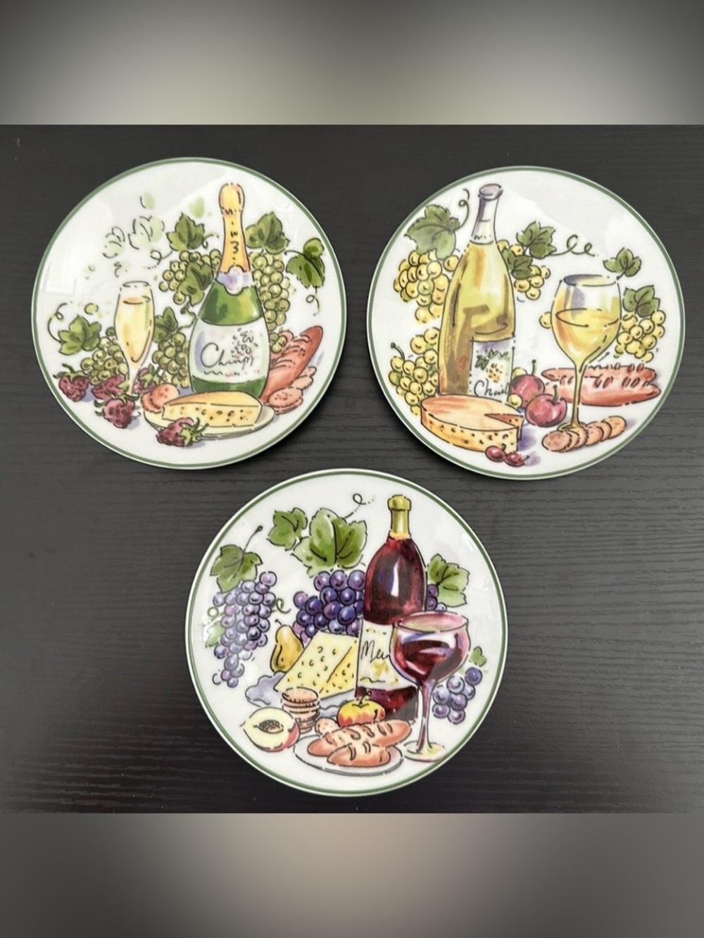 3 Porcelain Vintage Appetizer Wine Plates